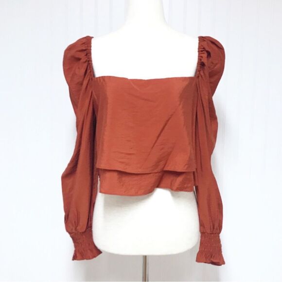 GIANNI BINI Burnt Orange Cropped Peasant Blouse Top Puff Sleeve Size Small New - Picture 2 of 13